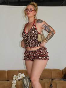 Arliah 女式性感豹纹露背上衣和短裤两件套，夏季 - 彩色 - 查看 4