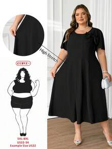 SHEIN CURVE+ Plus Size Women's Solid Color Bow Decor Round Neck Short Sleeve Elegant Mid-Length Dress - Black - View 1