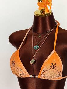 Amplova Conjunto de dos piezas de chaleco de estilo bohemio para vacaciones con copa triangular, bordado con cuentas, color verde, sexy y vanguardista para mujer - Naranja - Ver 4