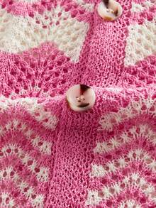 ROMWE MEN 男士复古波浪纹针织开衫，粉色和白色撞色镂空短袖毛衣 - 粉色 - 查看 5