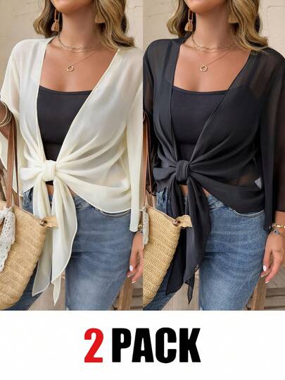 Weeklong Áo khoác dáng rộng, màu trơn, tay loe, thắt nơ phía trước, chất liệu nhẹ, cỡ lớn, kiểu dáng thường ngày.