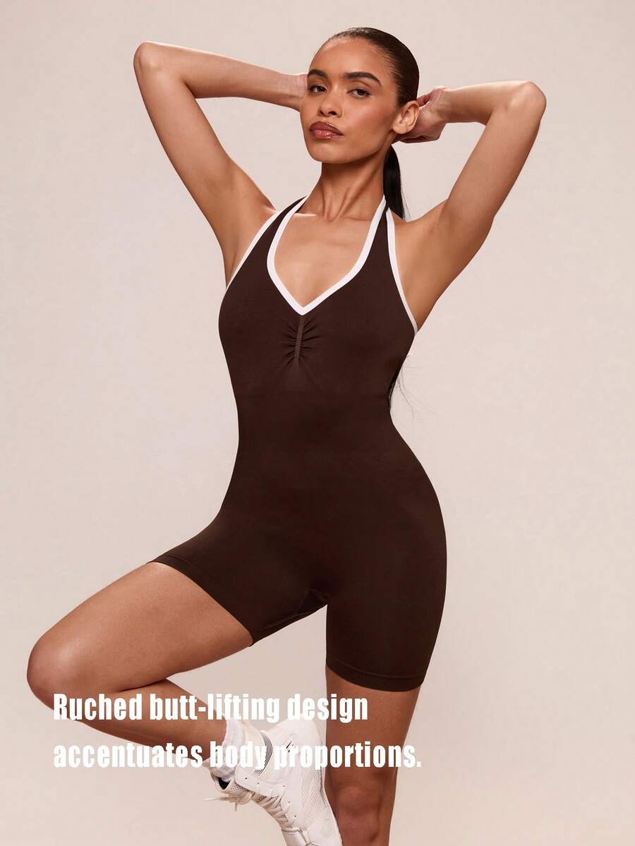 SHEIN BAE Contrast Trim Halter Backless Tight Sleeveless Jumpsuit - Coffee Brown - View 1