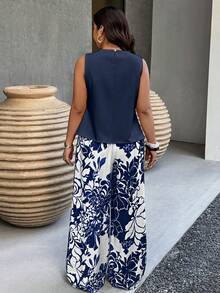 Weeklong Plus Size Summer Casual Sleeveless Ruffled Crop Top And Wide Leg Pants 2 Pieces Set - Navy Blue - View 2
