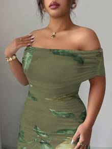 Modelyn Plus Size Women Mesh Printed One-Shoulder Ruffle Formal Dress - Army Green - View 4