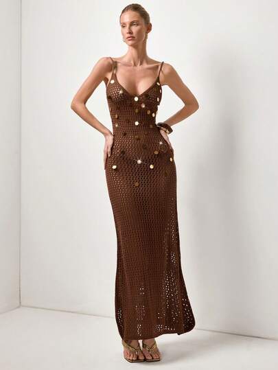 Briarwyn Vestido de punto con tirantes finos, calado y decoración de lentejuelas para vacaciones en la playa