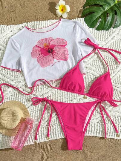 Swim Mod 大码女式甜美可爱简约沙滩度假休闲纯色玫红色露背系带印花三件套泳衣