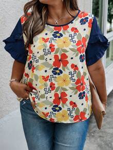 Weeklong Plus Size Women's Casual Vacation Floral Print Contrast Trim Ruffle Sleeve Shirt, Spring/Summer - Multicolor - View 4