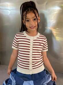 Dazy Kids Tween Girls' Spring Casual Striped Bow Embroidery Front Button Short Sleeve Knit Top - Burgundy - View 6