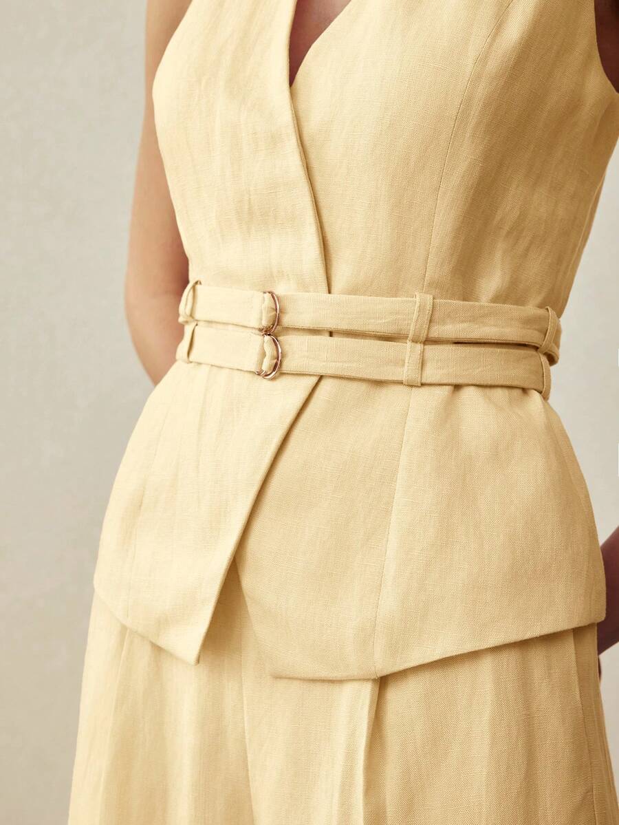 MOTF PREMIUM LINEN DUAL WAIST TIE HALTER NECK VEST, SPRING/SUMMER - Yellow - View 2