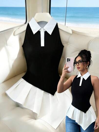 Franclia Nuevos conjuntos de mujer: Elegantes y sexys, perfectos para la oficina, vacaciones, playa, transporte, románticos, banquetes, fiestas, fiestas de cumpleaños, conciertos, San Valentín y carnavales. Nuevo estilo de verano para mujer: Chaleco, camisa bicolor con cuello con volantes y cintura ajustada. Ropa de verano para mujer, chaleco negro para mujer, chaleco bicolor negro y blanco, ropa de vacaciones para mujer, ropa exterior de mujer, ropa de verano, ropa elegante de mujer, camisa negra de mujer.