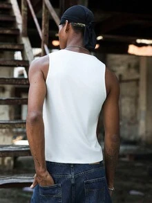 Major Grit Men's White Summer Basic Ribbed Tank Top, Streetwear City Break Solid Color Round Neck Casual Versatile Daily Vest Top - White - View 2