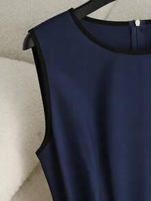 Franclia Casual Versatile Minimalist Round Neck Black Trim Belt Apricot Color Sleeveless Dress, Spring/Summer - Navy Blue - View 3