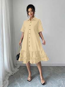 Selianne Women's Summer Loose Artistic Design Frill Trim Patchwork Dress Tea Party Orange Casual - Apricot - View 7