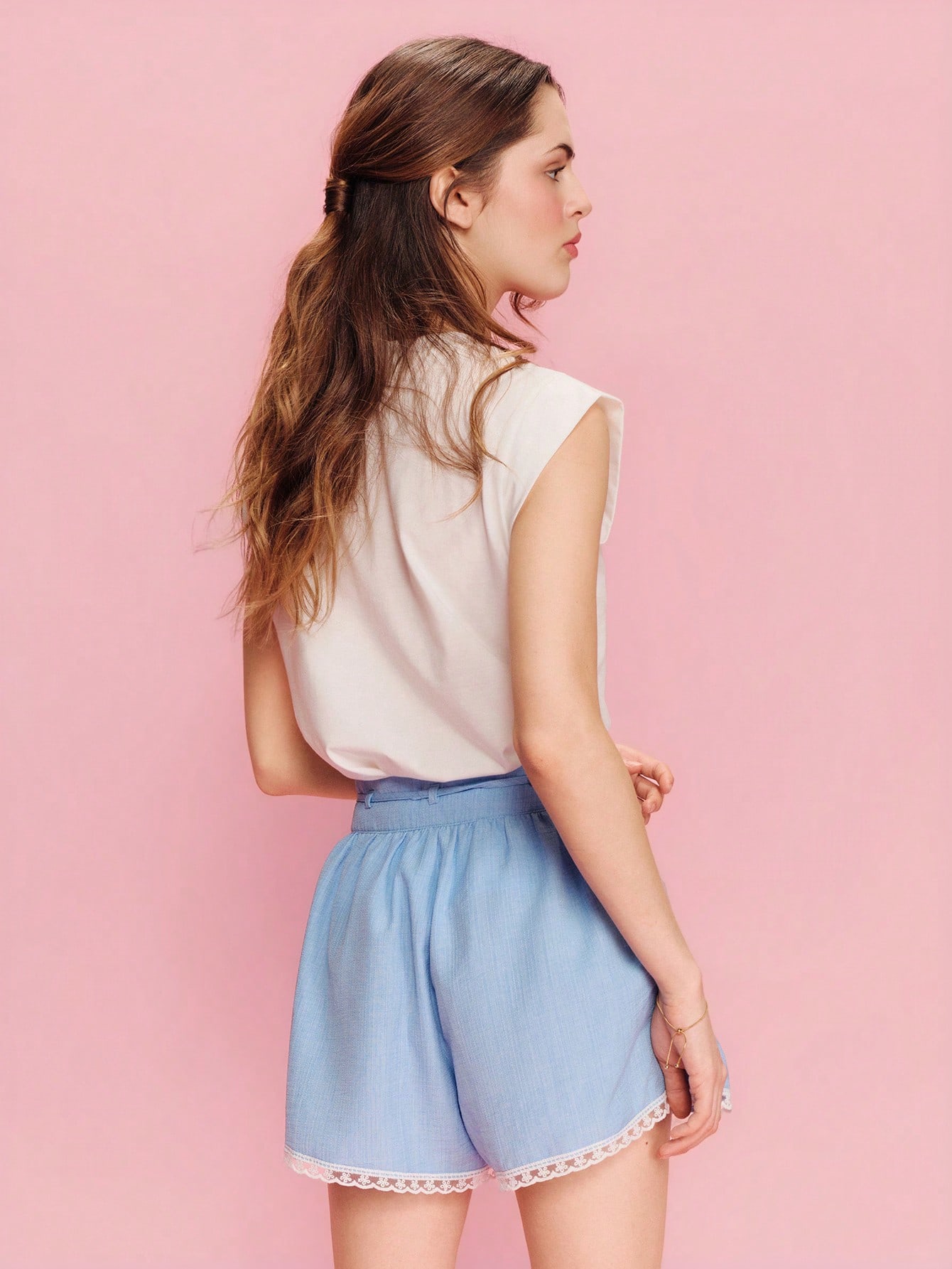 Blue High Waisted Loose Fit Short With White Trim Around Hem Spring Summer French Style Parisian Style Going Out Holiday Outfit Resort Outfit For Women Shorts Women Blue Shorts Women Skirt Style Shorts Shorts With Lace