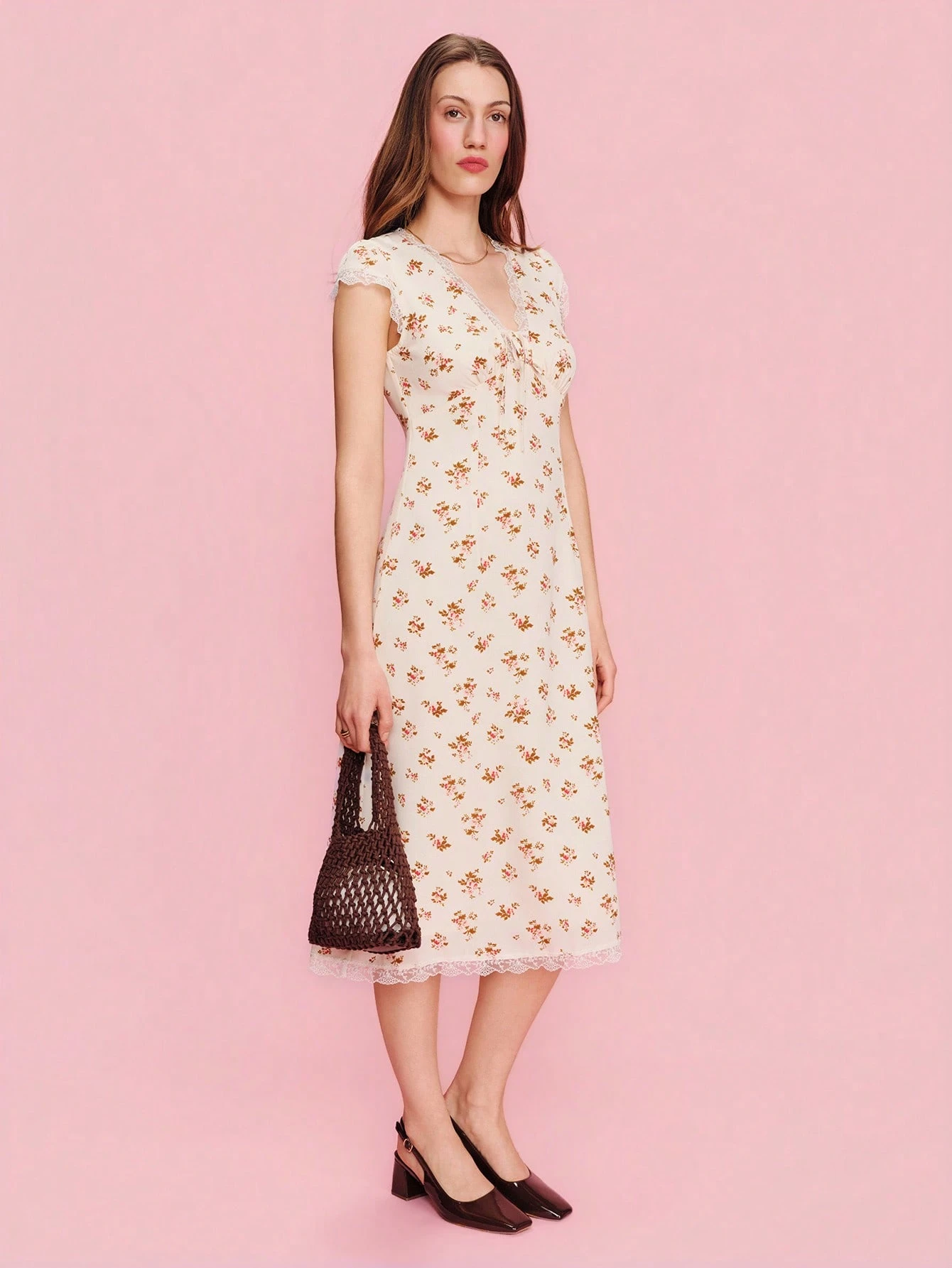 Cream Midi Dress With Pink Floral Print V Neckline And Lace Inserts Spring Summer French Style Parisian Style Holiday Dress Vacation Dress