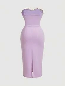 SHEIN MOD 大码女士优雅花卉刺绣拼接无袖中长连衣裙，休闲日常穿着，圣诞节女装，新年装，跨年夜女装，圣诞派对礼服，优雅女装，薰衣草色正式礼服，复古装，70年代装，优雅派对礼服，圣诞派对礼服，复古连衣裙，沙滩裙，优雅女装 - 紫色 - 查看 3