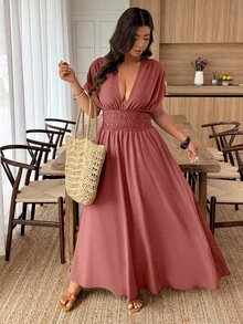 Breezaya Plus Size Women Deep Shirred Cinched Waist High Slit Dress - Redwood - View 3