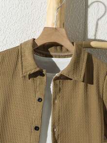 Tween Boy Solid Color Single-Breasted Short Sleeve Shirt And Shorts Casual Daily Outfit - Camel - View 7