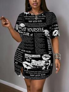 Slaydiva Vintage Poster Print Plus Size Dress, Suitable For Music Festivals - Multicolor - View 6