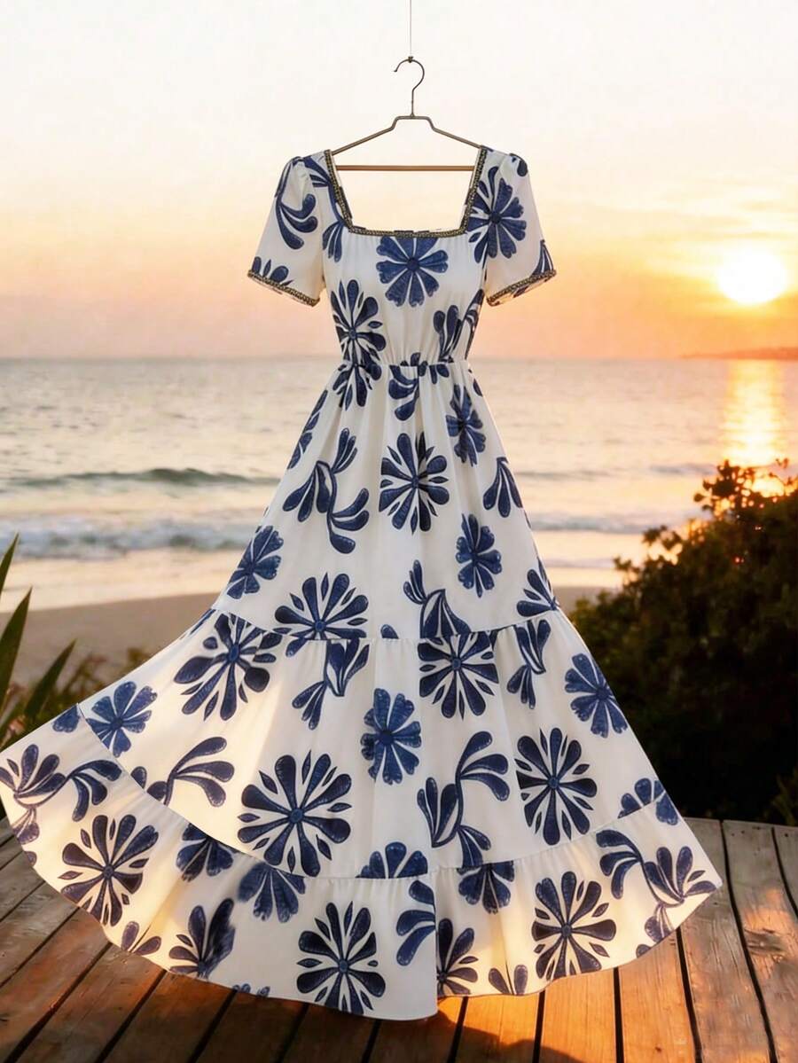 GlowEve Women's Blue & White Printed Square Neck Short Sleeve Cinched Waist Backless A-Line Long Dress, Casual Chic Commute Elegant Sexy Fashion Versatile Gentle Romantic Sweet Date Vintage Beach Holiday Summer New - Multicolor - View 1