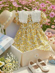 LMoss Kids Baby Girl Cute Ditsy Floral Bubble Sleeve Square Neck Dress, Summer - Multicolor - View 2