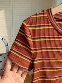 Comfortcana Colorful Striped Knit Fitted Women T-Shirt - Rust Brown - View 4