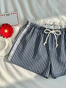 Comfortcana 女士夏季休闲度假条纹印花撞色蕾丝抽绳腰短裤，适合情人节、狂欢节、海滩、假日、居家休闲、街头、校园休闲等场合，Y2K 2000年代风格可爱蓝黑蕾丝短裤，夏季服装，春假，毕业典礼，女士婚礼派对优雅度假装，休闲女装 - 彩色 - 查看 5