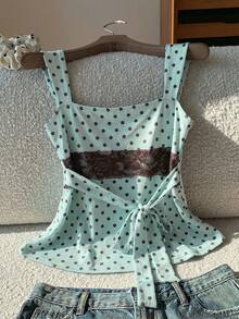 Comfortcana Women's Cute Polka Dot Brown Contrast Color Lace Sleeveless Top,Summer Fashion Green Polka Dot Blouse For Date,Beach,Holiday Casual Party Occasions - Green - View 6