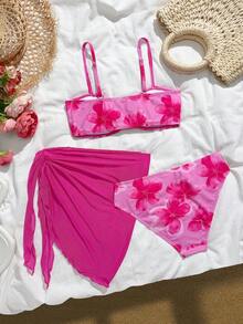 SHEIN Bộ bikini 3 món cho bé gái tuổi teen: Áo tắm dệt kim màu hồng cánh sen + váy, đồ bơi thời trang, thanh lịch, phù hợp cho bơi lội, kỳ nghỉ hè, bãi biển, hồ bơi, tiệc tùng. - Màu Hồng Tươi - Xem 2