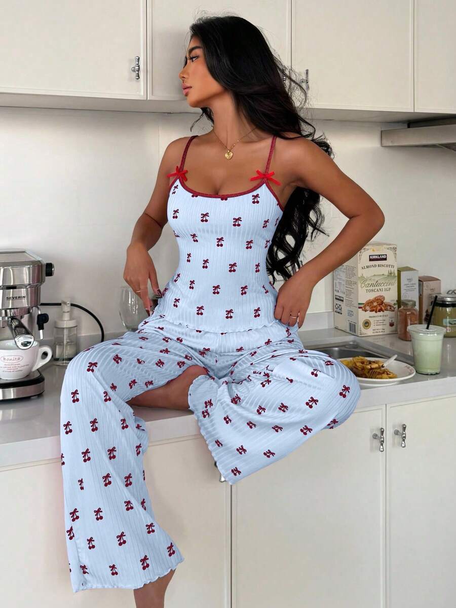 ZzzCrew 2pcs Contrast Trim Camisole & Shorts Pajama Set, Cherry Print Knit Sleepwear For Women - Multicolor - View 1