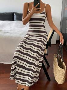 DAZY Vestido casual de verano nuevo a rayas para vacaciones en la playa para mujeres - Caqui - Ver 5