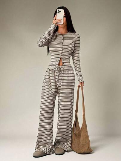 SHEIN PETITE 2pcs Women Casual Striped Front Button Long Sleeve Top And Wide Leg Pants Set, Spring And Summer 2 Piece Casual Sets Woman Comfortable Two Piece Set