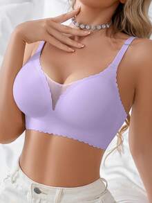 SHEIN 1pc Seamless Mesh Patchwork Solid Color Ruffled Adjustable Wireless Removable Padded Bra For Women - Lilac Purple - View 6