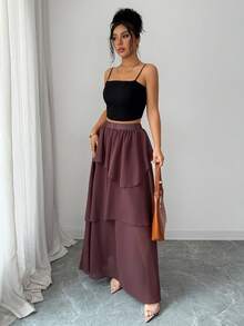 Elenzga Chân váy nữ, chất liệu chiffon mềm mại và thoải mái màu nâu sô cô la, thiết kế nhiều lớp tạo vẻ thướt tha và duyên dáng, dáng chữ A tôn dáng đôi chân, phù hợp cho công sở, du lịch hoặc các sự kiện xã hội, một món đồ không thể thiếu trong tủ quần áo của phụ nữ. Chân váy maxi nhiều lớp, bộ chân váy hai mảnh cho nữ, chân váy dài xếp tầng, chân váy dài thướt tha, chân váy maxi xếp bèo. - Màu nâu Sô-cô-la - Xem 4