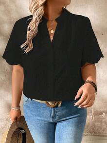 Momelise Plus Size Summer Casual Solid Color Hollow Out Embroidery Notched Neck Short Sleeve Shirt - Black - View 7