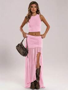 SHEIN BAE Women's Elegant Solid Color Ruffle High Slit Skirt, Summer - Baby Pink - View 4