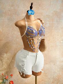 Mistrie Women's Blue Shell Crystal Beaded Halter Top, Seductive Summer Beach Vacations, Y2K Rhinestone Concert Club Wear, Belly Dancer Top - Blue - View 6
