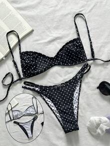 Swim Mod 女士夏季度假休闲沙滩装黑白波点印花比基尼两件套泳衣，配有可调节肩带 - 黑與白 - 查看 1