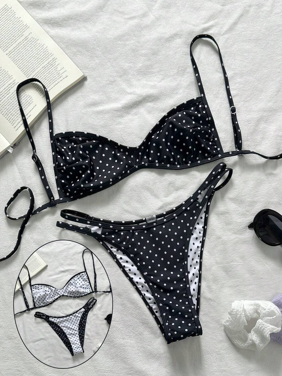 Swim Mod 女士夏季度假休闲沙滩装黑白波点印花比基尼两件套泳衣，配有可调节肩带 - 黑與白 - 查看 1