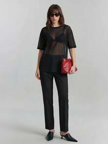 Ontre Women's Black Mesh Fabric Sheer Tops, See Through Shirt, Loose Fit Round Neck Short Sleeve T-Shirt, Sexy Chic Club Night Summer Vacation Boho - Black - View 6