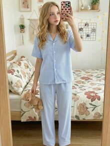 SHEIN 少女条纹领开衫短袖衬衫和裤子睡衣套装 - 藍白色 - 查看 7