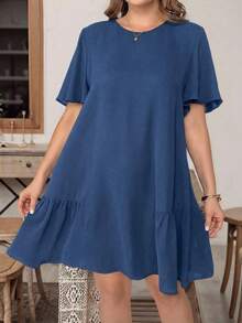 SHEIN Essnce Plus Size Women's Summer Casual Everyday Dark Blue Short Sleeve Dress,Loose Comfortable Fashion Ruffles Basic Dress,Old Money Style Church Work Outfit - Blue Day - View 4