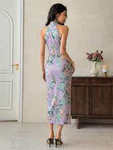 EastFlair Women's Lavender Floral Print Elegant Summer Sleeveless Mid-Length Dress,Halter Neck Chinese Style Cheongsam Dress For Dining Vacation Occasion - Mauve Purple - View 7