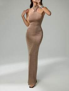 SHEIN Tall Đầm maxi nữ thanh lịch và gợi cảm với khóa kim loại trang trí, thiết kế khoét eo, ôm sát, chất liệu vải dệt kim co giãn. - Màu Khaki - Xem 4