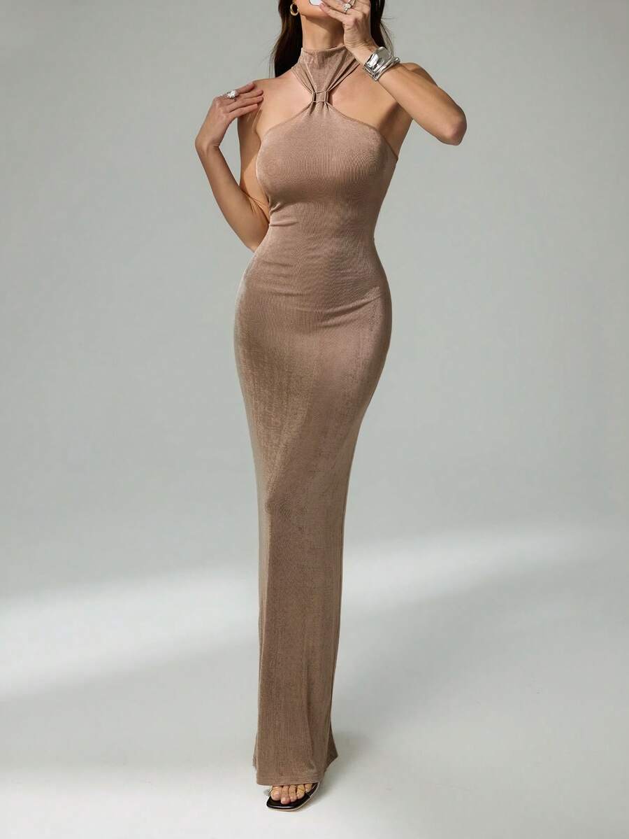 SHEIN Tall 优雅性感女士连衣裙，饰有金属扣环，镂空设计，修身针织弹力长裙