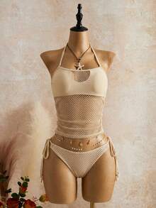 Bellisia Bộ đồ bơi tankini cổ yếm màu trơn thiết kế khoét rỗng dành cho nữ, thích hợp cho kỳ nghỉ biển. - Màu be - Xem 5