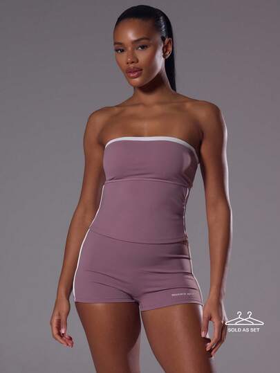 Musera Sport Conjunto de top bandeau y shorts a rayas para actividades, entrenamiento, gimnasio, deportes, pilates, fitness, uso diario y casual con estampado de hibisco