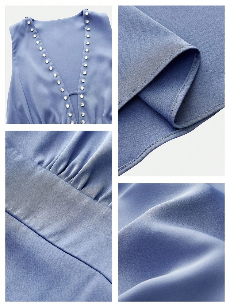 SHEIN Maija Women's Solid Color Crystal Decor Deep V Sleeveless Dress,Blue Dress, Formal Dress , Sequin Dress,Elegant Dresses For Ladies,Wedding Guest Dress For Women ,Elegant Party Dress,Festival Outfits For Women,Summer Outfit For Women Women Clothes Dress Women's Dress Formal Wear Wow Dress,Summer Dresses For Women