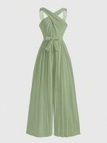 少女圆领无袖腰部拼接褶皱优雅派对连体裤 - 薄荷綠 - 查看 6