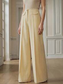 Anewsta Pantalones de traje versátiles para mujer, de pierna ancha, de estilo casual moderno, de color amarillo claro con bolsillo parche, apropiados para la oficina y el uso diario - Amarillo claro - Ver 4